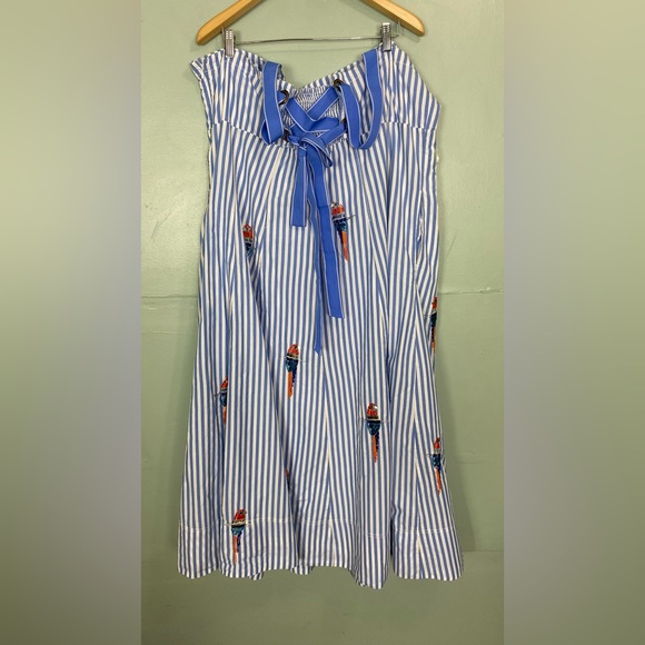 Anthropologie Maeve Tie Back A Line Maxi Dress Striped Blue Beaded Birds 22W - Picture 11 of 16